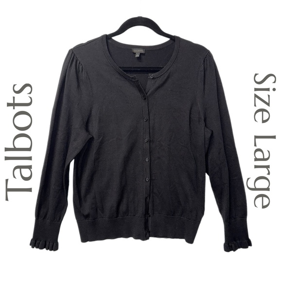 Talbots Sweaters - Talbots - Black Button-Front Cardigan with Ruffled Cuffs - Size Large